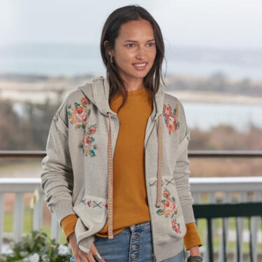 Sundance Annabeth Zip Hoodie Floral Embroidered Gray Women's Size Small - Picture 10 of 10